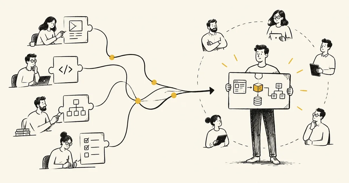 Drawing: on the left, four specialists each holding one puzzle piece (screen design, code, architecture, tests); their paths converge on a person on the right who holds the whole solution together, surrounded by colleagues to consult.